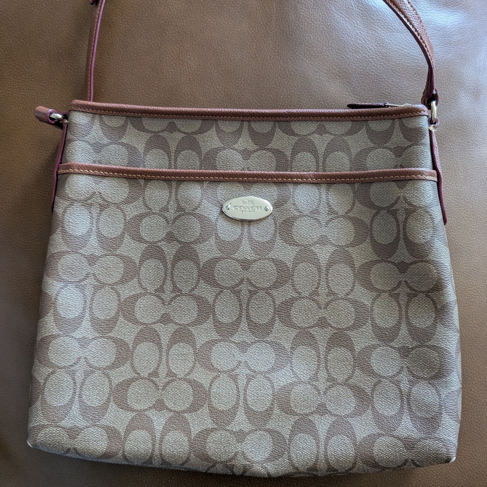 Coach Tan and Brown Shoulder Bag with Signature Pattern